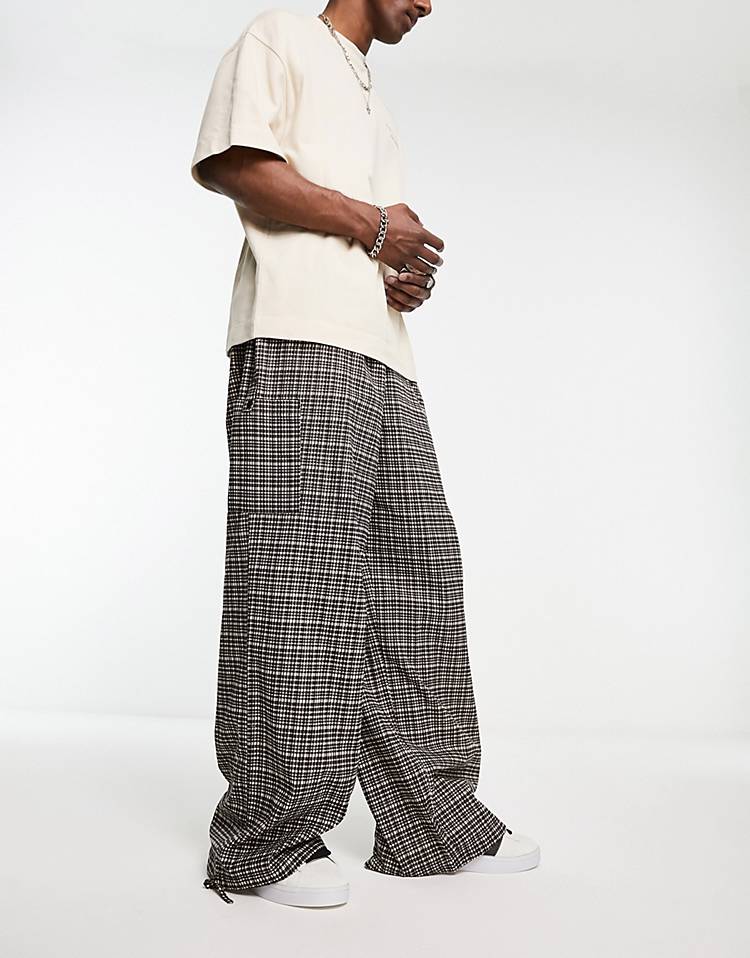 COLLUSION super flood skater fit parachute pants in brown check
